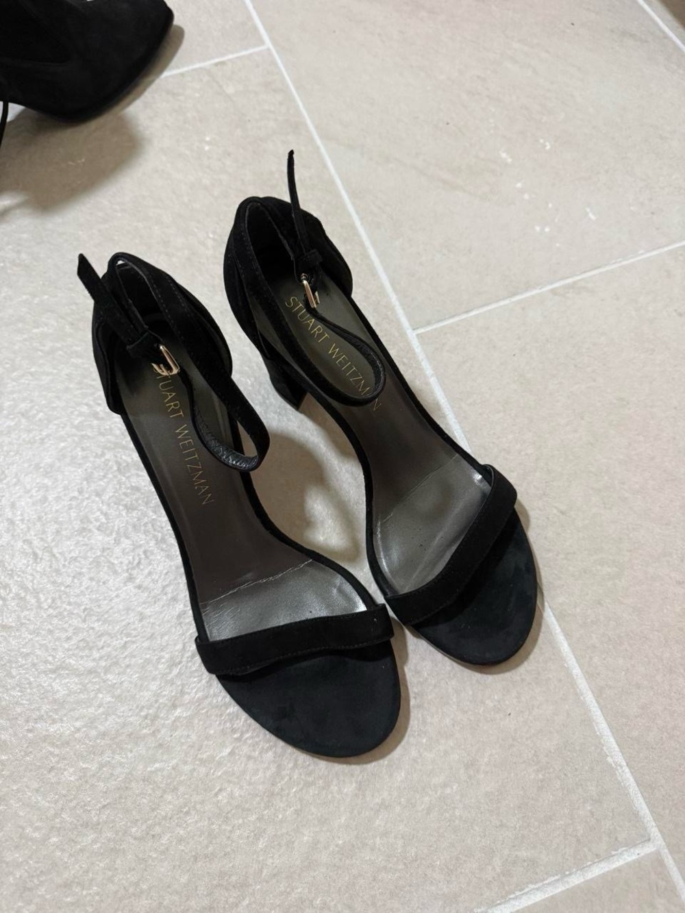 Stuart Weitzman Black Suede Open-Toe Ankle Strap Heels
